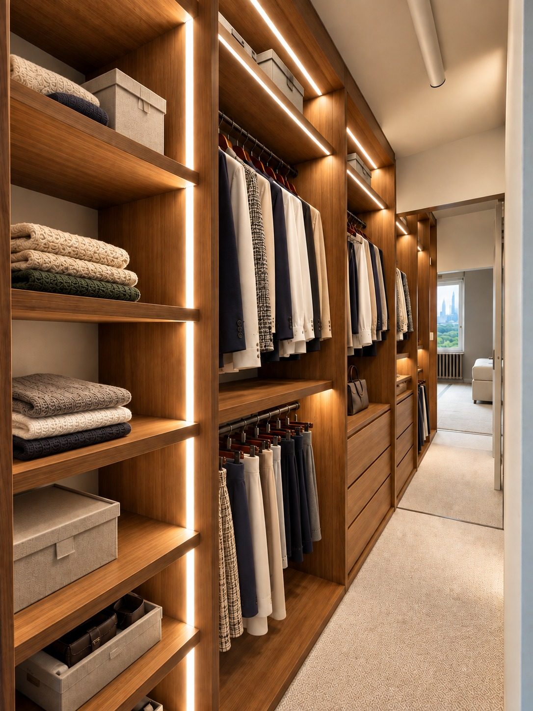 817 Fifth Avenue — walk-in closet with lit walnut shelving