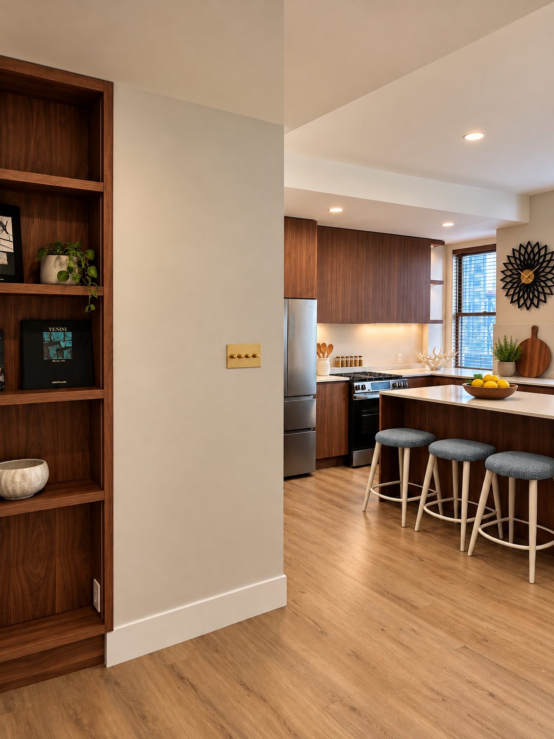 817 Fifth Avenue — walnut kitchen seen past built-in shelving, with island seating