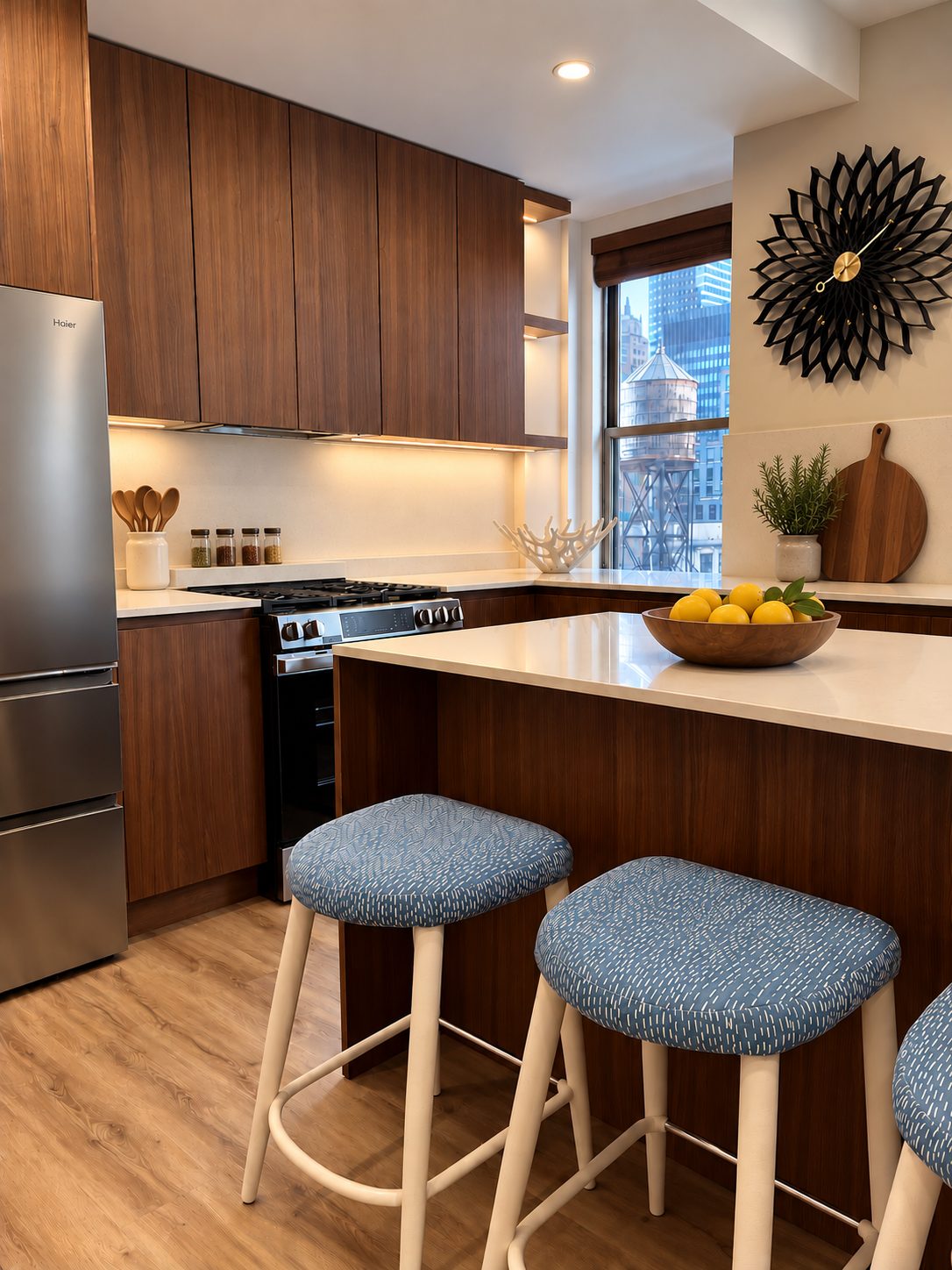 817 Fifth Avenue — walnut kitchen island with upholstered stools and city views