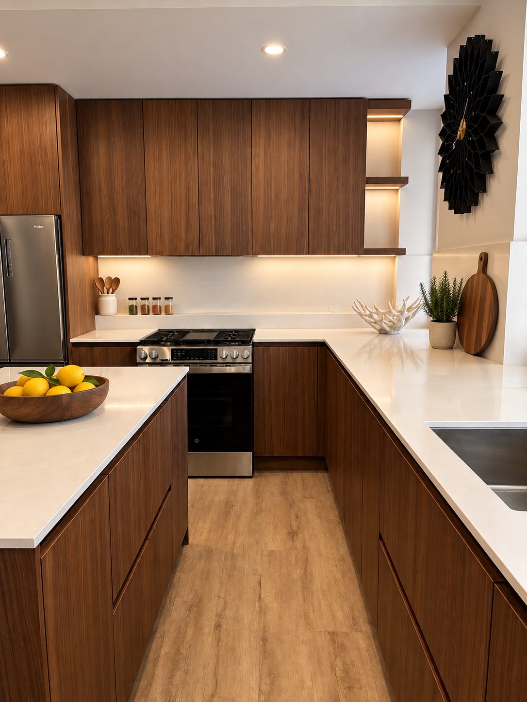 817 Fifth Avenue — walnut kitchen with quartz counters and under-cabinet lighting