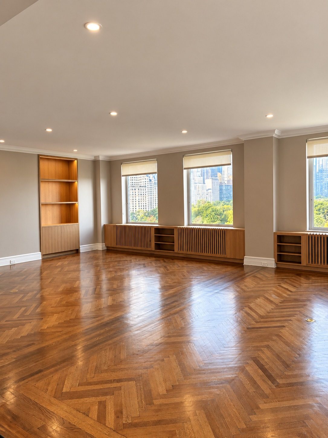 817 Fifth Avenue — living room with herringbone floors, built-in shelving and Central Park views