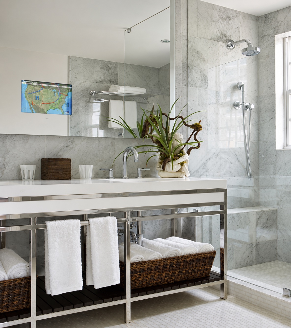 The Betsy Hotel — guest bathroom in Carrara marble with a walk-in shower