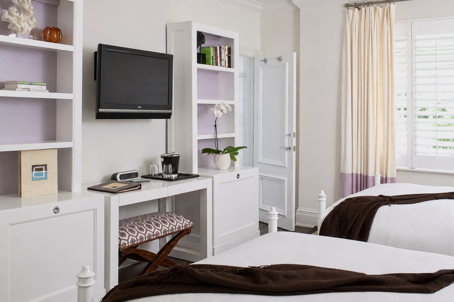 The Betsy Hotel — Classic Double room with lacquered white desk and lilac-lined shelving