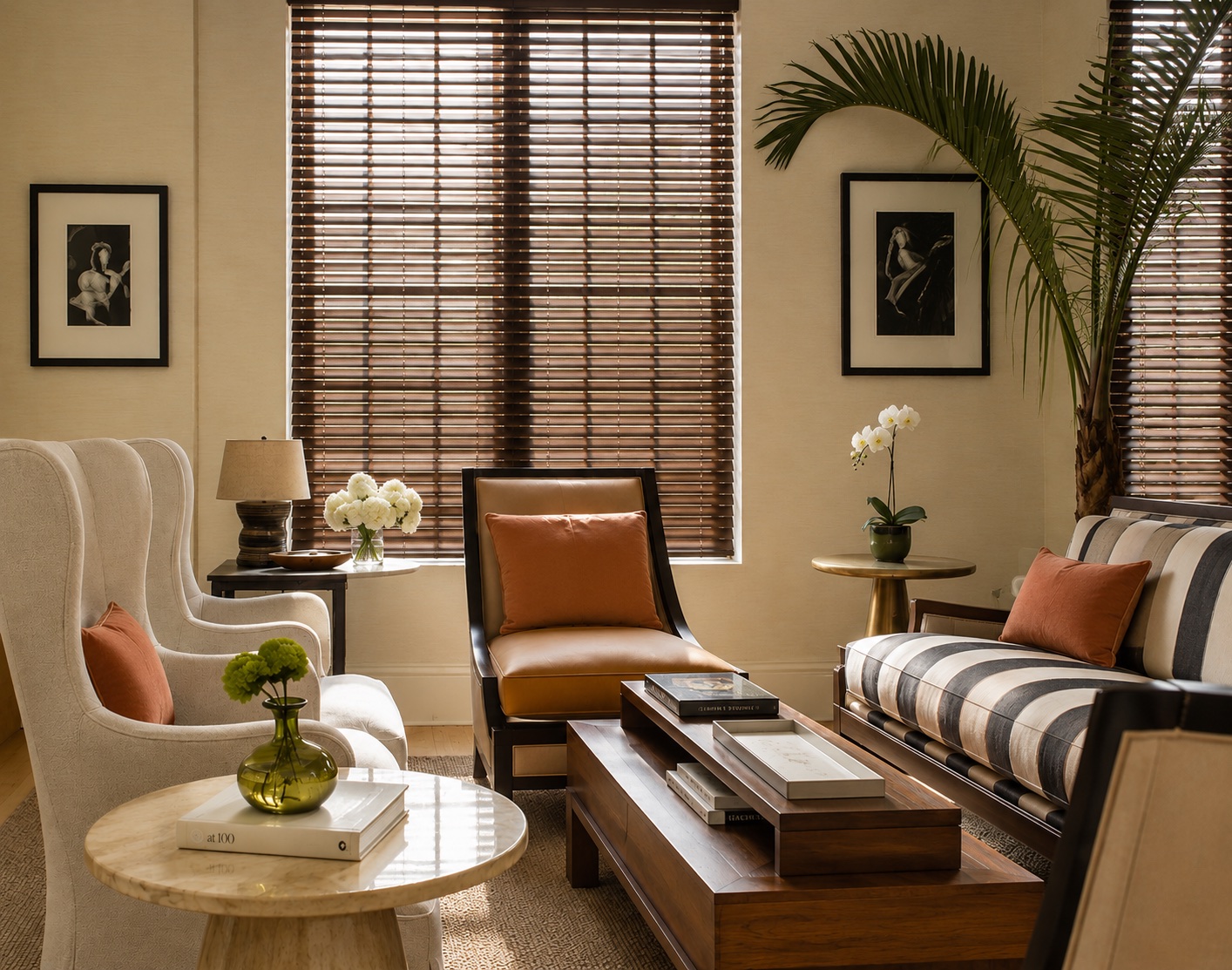 The Betsy Hotel — guest sitting room with wingback chairs and a striped daybed