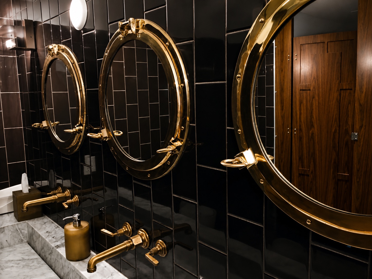The Carlton Hotel — a black-tiled washroom with nautical brass porthole mirrors