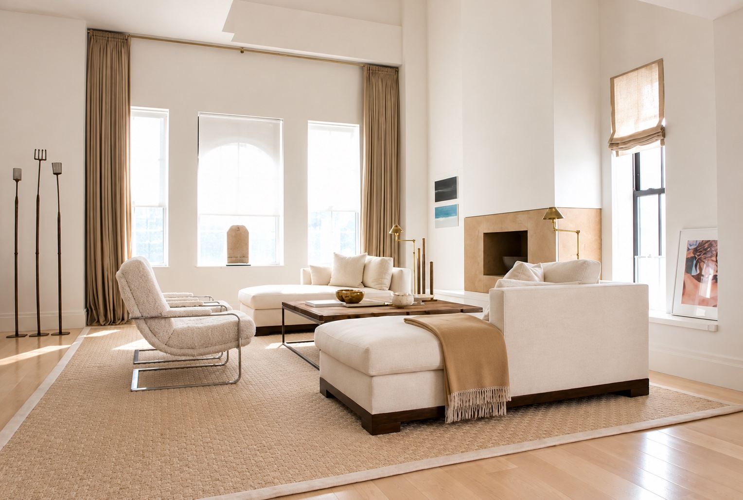 Tribeca Loft — living room with symmetrical seating and central fireplace