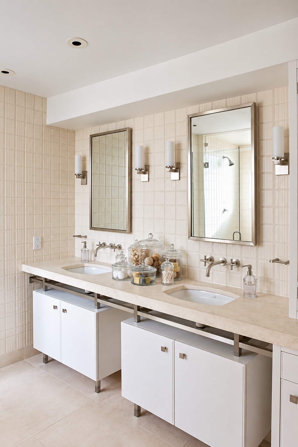 Tribeca Loft — primary bathroom with double vanity and tiled walls